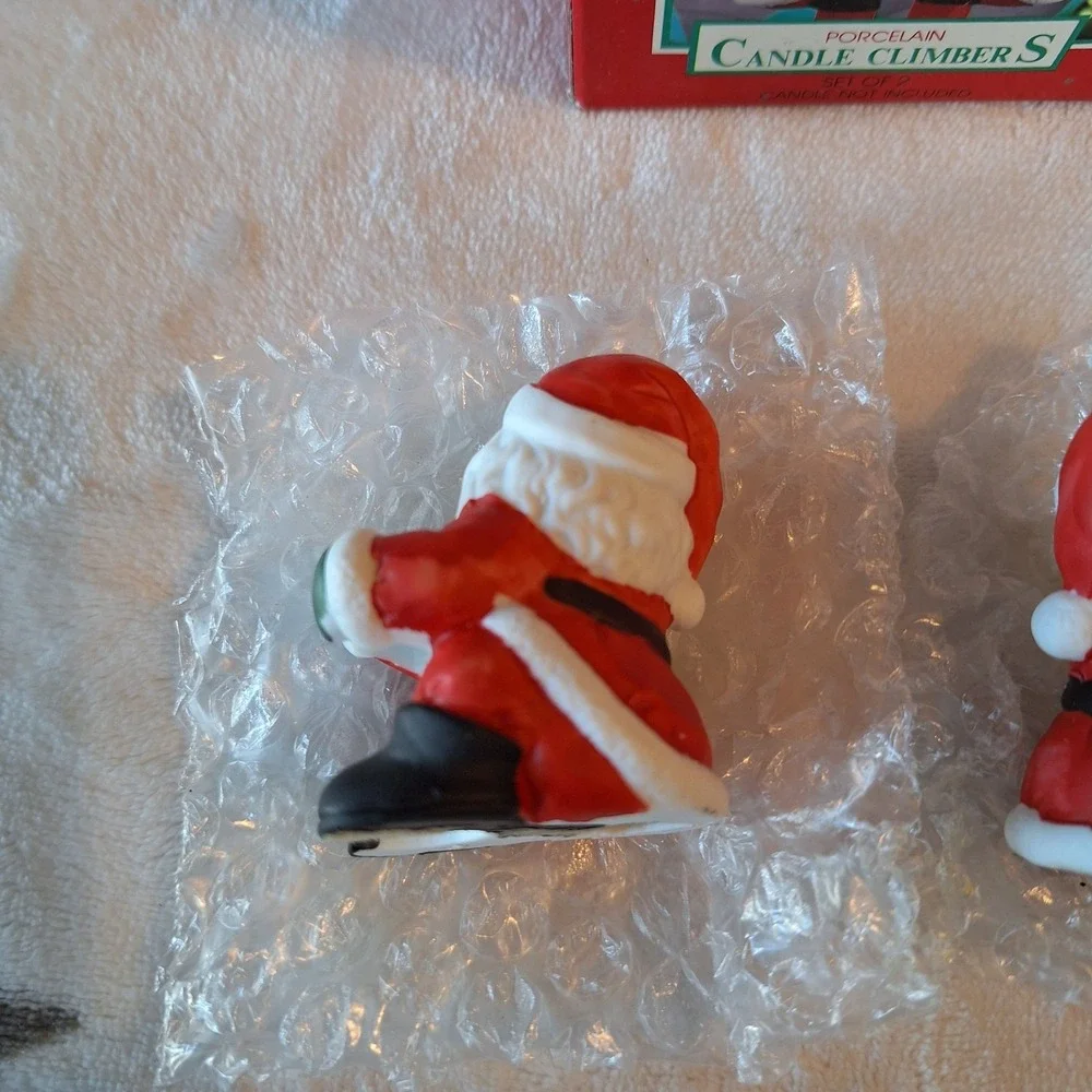 Two New Old Stock Vintage Porcelain Candle Climber‎ Hugger Christmas Santa Bells